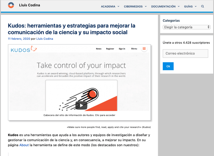 Kudos: herramientas y estrategias para mejorar la comunicación de la ciencia y su impacto social por Lluis Codina