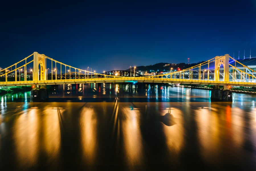 The Andy Warhol Bridge over the Allegheny River at night, in Pittsburgh, Pennsylvania.